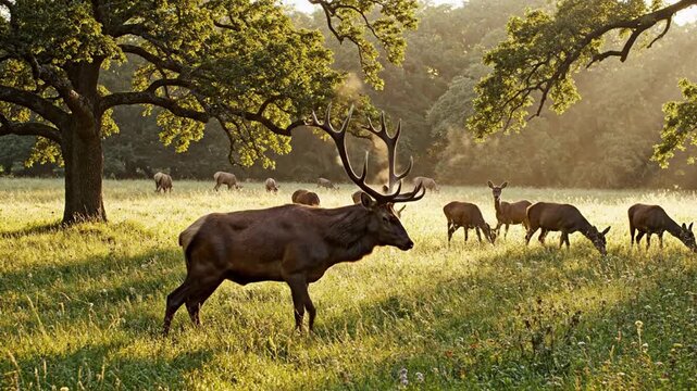 Large stag bellows in misty morning light with hinds grazing