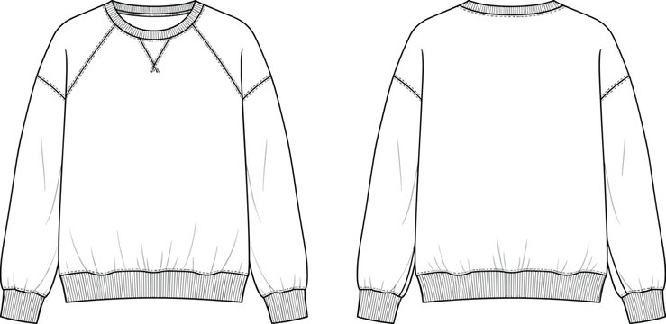 Oversized Crewneck Sweatshirt Technical Flat Sketch Vector Template with Raglan Sleeves Ribbed Trims and V-Stitch Detail Front and Back View