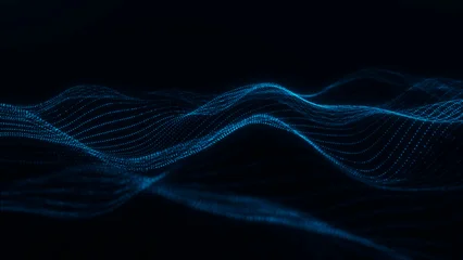 Fototapeten Schwarz Glowing blue particle wave landscape with flowing dotted grid structure and neon digital light, abstract futuristic technology background representing data movement and virtual energy field  © Aksver