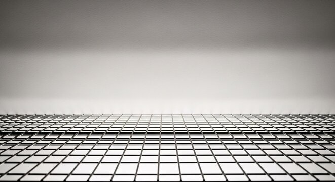 Seamless black and white grid pattern background made of parallel lines creating perspective effect and abstract geometrical texture for design and architecture concepts