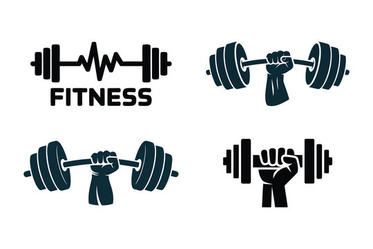 Dumbbell with Heartbeat Pulse and Fist Grip Set &ndash; Fitness Gym Strength Logo Icons Vector, Workout Cardio Power Symbol Illustration