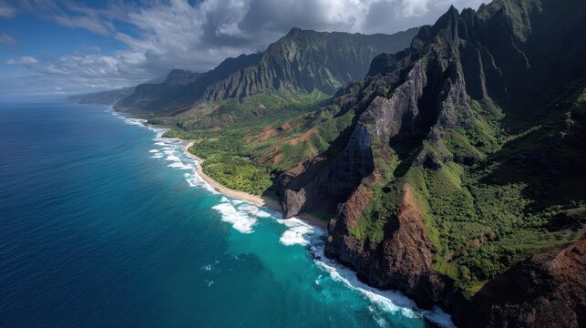 Aerial view of the dramatic Napali Coast in Kauai Hawaii