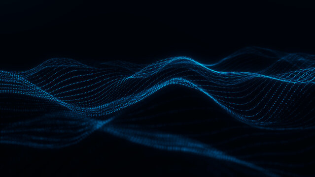 Glowing blue particle wave landscape with flowing dotted grid structure and neon digital light, abstract futuristic technology background representing data movement and virtual energy field