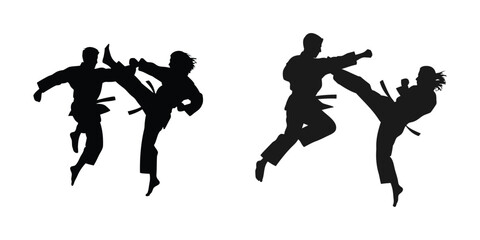 Martial Arts Fighting Silhouettes, Dynamic Kick and Combat Action Poses