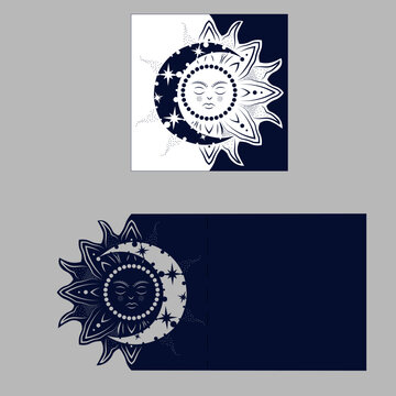Layout congratulatory envelope with carved pattern. The template for greetings, invitations, etc. Picture suitable for laser cutting, plotter cutting or printing. Vector. Sun. Moon