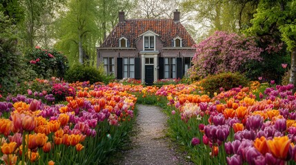 Obraz premium Picturesque garden cottage surrounded by vibrant spring tulip flowers