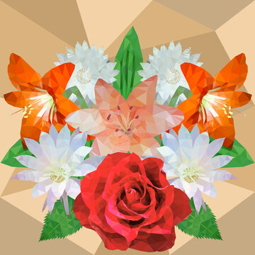 bouquet of flowers, rose, lily, cactus flower, hippeastrum, vect