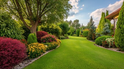 Naklejka premium Beautiful lush backyard garden with green lawn and blooming flower beds