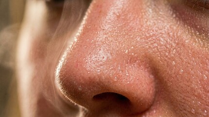 Fototapeta premium Close-up of a person's nose with visible sweat and steam 