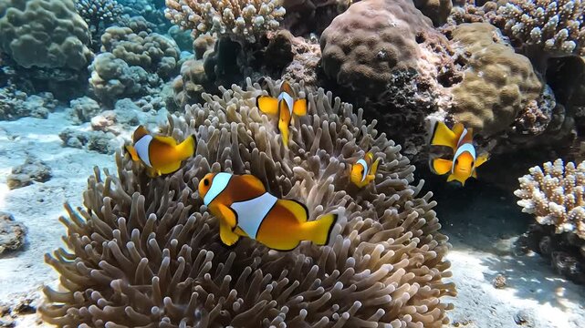 Vibrant Clownfish Swim Among Coral Reefs in Tropical Ocean Waters.
