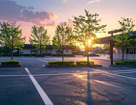 Japanese convenience store parking lot in early spring evening, soft sunset light