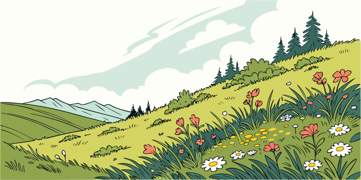 A picturesque landscape of rolling hills and vibrant wildflowers under a clear blue sky. Vector
