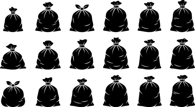 set of trash bag silhouette, black and white silhouette, vector and illustration
