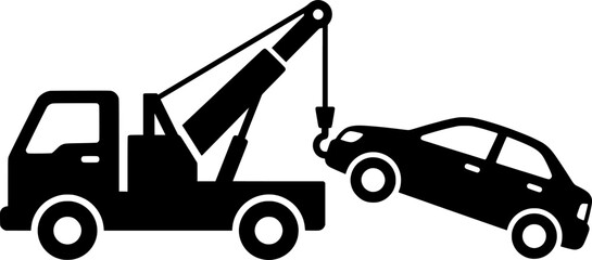 Naklejka premium simple tow truck towing broken down car silhouette side view icon symbol transparent background 