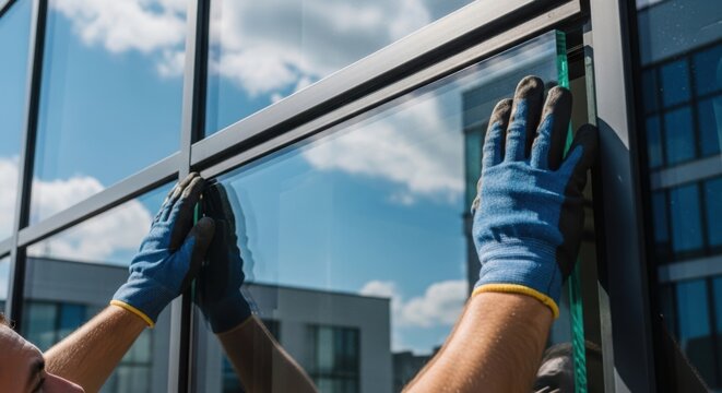 Hands in blue gloves perform window installation on building facade, setting transparent glass panel. Workers execute vital window installation for structure, ensuring secure fit.
