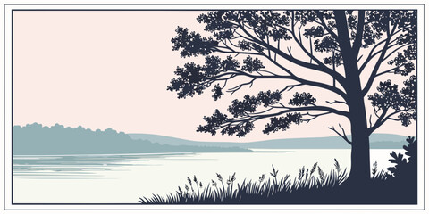 A serene tree stands tall by a tranquil lake under a soft blue sky. Vector © Akshay