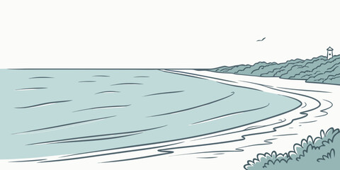 A serene beach scene with gentle waves and a clear blue sky Vector © Akshay