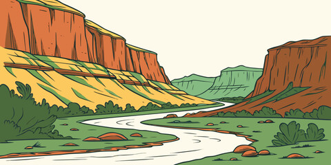A serene river flows through a vibrant canyon landscape with lush vegetation. Vector © Akshay