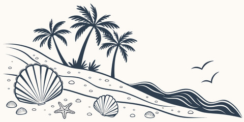 Obraz premium A serene beach scene with palm trees and a surfboard under a clear sky Vector