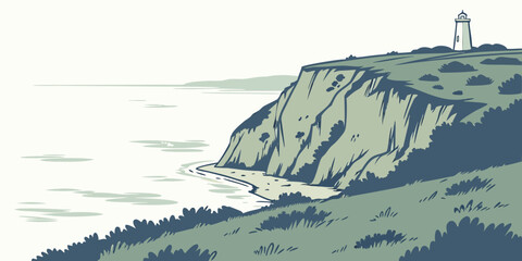 A solitary lighthouse stands tall on a rugged cliff overlooking a vast ocean. Vector © Akshay
