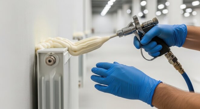 Worker applying foam insulation for sealing gaps around radiator pipe on white wall. Hand performs precise foam insulation application, ensuring airtight seal for efficient heating system operation.