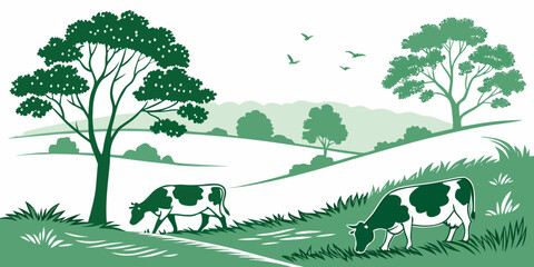 Fototapeta premium A serene landscape with animals grazing under a large tree and a river flowing through the scene Vector