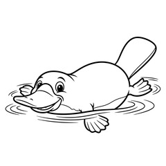 Fototapeta premium Cartoon platypus swimming in water with a friendly smiling face in a simple black and white vector graphic illustration