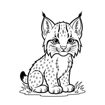 Adorable cartoon lynx kitten sitting on grass in a cute black and white vector graphic illustration