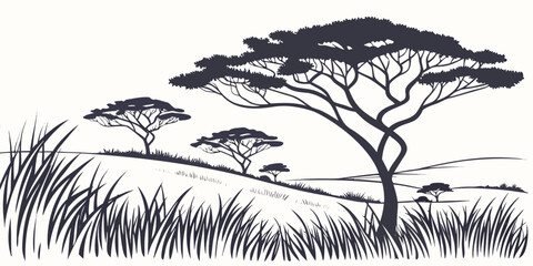 A solitary tree stands tall in a vast grassy plain under a clear sky Vector © Akshay