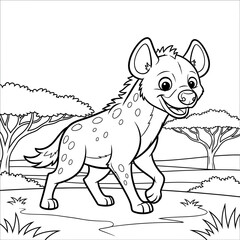 Obraz premium Spotted hyena cartoon character standing in a natural outdoor setting with trees and grass in a simple vector graphic illustration