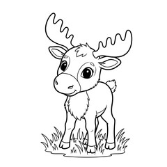 Fototapeta premium Adorable cartoon moose standing in grass with big eyes and large antlers in a simple vector illustration design