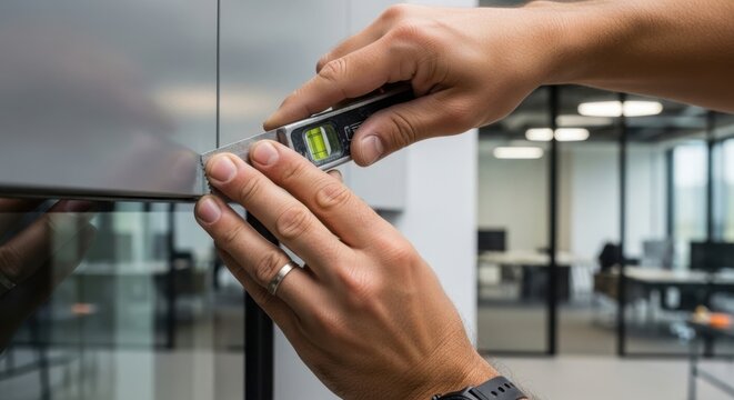 Skilled hands performing precise repair work with utility knife on modern glass surface. Professional conducting careful repair work using spirit level for accurate alignment, ensuring quality finish.