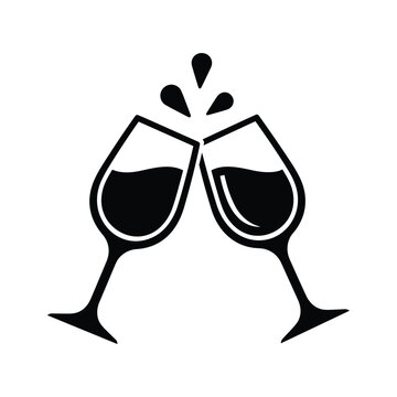 Wine Glasses Clinking Vector Illustration - Minimalist Black and White Toast Icon for Celebration