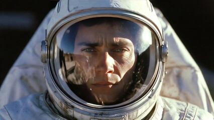 Fototapeta premium Male astronaut facing forward inside helmet on ground.