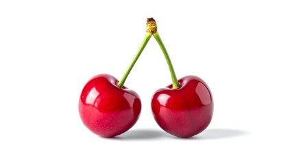 Two shiny, bright red cherries share a common green stem on a bright white surface