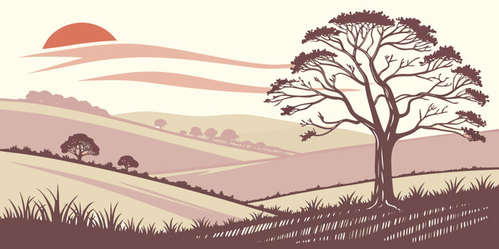 A serene scene of a lone tree standing tall in a vast, open landscape with rolling hills and a clear sky. Vector