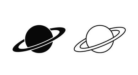 Two planetary icons depicting saturn one solid one outline silhouette © MK2.00