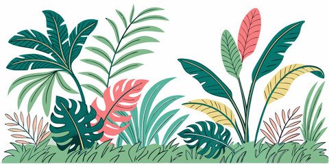 Vibrant tropical plants with red and green leaves on a blue background Vector © Akshay
