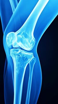 Radiographic anatomical view of a healthy human knee joint with glowing blue bone structure