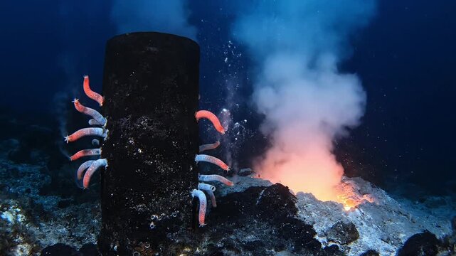 Vibrant underwater volcanic scene with glowing vent creatures