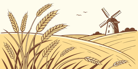 Naklejka premium A serene landscape featuring a windmill surrounded by a wheat field and a bird in flight Vector