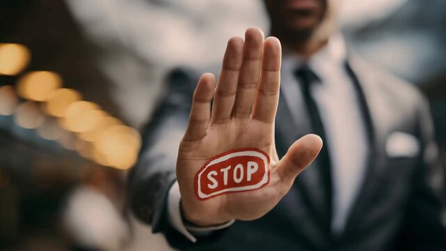 Businessman Showing Stop Sign on Hand &ndash; Authority, Decision-Making, Risk Management, Assertive Communication Concept