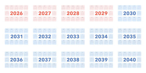 15 year calendar template bundle 2026-2040. Big collection of minimalist yearly planners