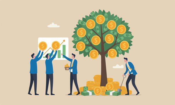 Harvest investing meeting together concept, businessman harvesting dollar coin from growing money tree.