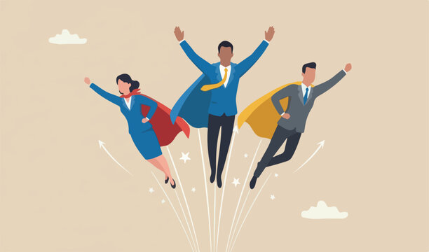 Professional people to help business success, teamwork or unity, super power to grow business fast, strength team support concept, business people team members superhero flying high in the sky.