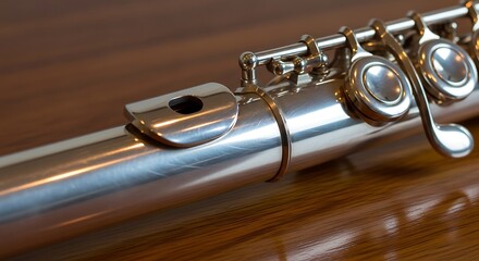 Obraz premium Close-up of a silver-toned wind instrument resting on a polished wooden surface