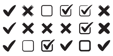 Hand-drawn checkmark and cross mark icons set. Vector illustration of doodle style ticks, crosses, and checkboxes for approval, denial, and selection. © MD