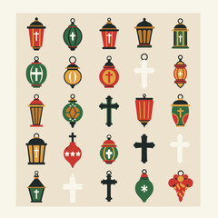 Naklejka premium A collection of festive Christmas and religious ornaments, including lanterns and crosses, in a flat vector style.