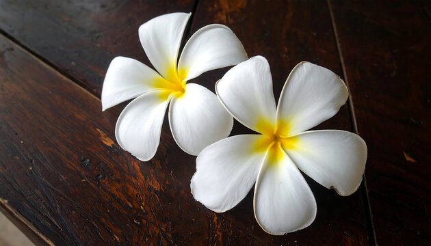 Two white & yellow flowers lie on a darkly stained wood surface, highlighted by natural lighting