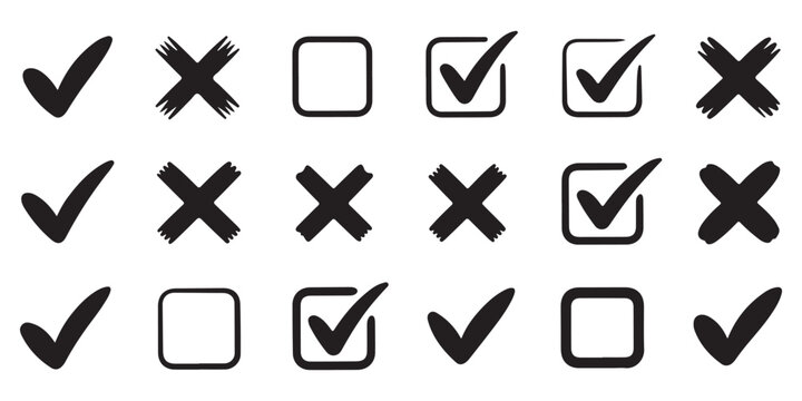 Hand-drawn checkmark and cross mark icons set. Vector illustration of doodle style ticks, crosses, and checkboxes for approval, denial, and selection.